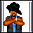 Pixel art comic with four quadrants showing characters and blue text on white background