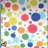 A pixelated image with a white background filled with multicolored circles in red, blue, green, yellow, and orange, with a blue and red text element on the right side.