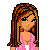 Pixelated image of a female character with long brown hair in pink top and black pants, accompanied by text about loving someone.