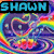 Pixelated rainbow swirls with blue text reading SHAWN, IS, and ALSOME on a gray background.