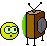 Pixel art animation of a brown television with antennae, gray speaker, and colored side interacting with yellow circular faces showing various expressions