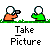 Pixel art animation of two cartoon figures taking photos, with text labels and changing expressions.