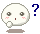Pixelated white circular character with gray eyes, pink cheeks, and brown mouth in four variations, each with a blue question mark and brown shadow on gray background.