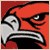 A pixelated static image of a stylized bird head with sharp beak and intense eyes against red background.