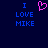 Dark blue background with pixelated text and a pink heart symbol, showing 'I LOVE MIKE' in two identical vertical