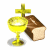 Golden chalice, brown loaf of bread, and yellow cross on white background with subtle shadow.