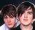 Two pixelated figures with dark hair and light skin pose closely together against a dark background, wearing white collared shirts.