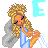 Pixel art contact sheet showing two frames of an animated angel icon with blonde hair, blue dress, and gray wings against a white background.