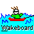 Pixelated character in red boat on blue water with 'Wakeboard' text below, showing two animation frames with wave pattern changes.