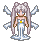 Pixel art character with long silver hair, cat ears, white wings, and a white dress with yellow belt standing on cloud base.