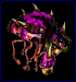 Animated purple and brown creature with multiple limbs, horns, and glowing accents on black background.