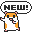 Pixel art hamster character with orange and white fur in six animated poses, each holding a speech bubble containing the text "NEW!" on a gray background.