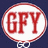 Circular red-and-white icon with 'GFY' text, displaying different lower-case words beneath it across frames.
