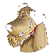 Pixelated cartoon character with light brown hair tied in a ponytail, wearing red collar and beige outfit, head turned left to right