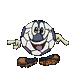 Pixelated cartoon character with soccer ball patterned body, blue nose, and brown shoes in six sequential poses showing hand and foot movements.