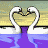 Animated sequence of swans forming heart shapes with their necks, reflected in purple water against a yellow and green background.
