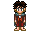 Pixel art character with brown hair and glasses in a brown robe, shown across with varying poses including weapon holding