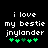 Pixelated text reads 'i love my bestie jnylander' with green heart symbols below, displayed in two side-by-side frames showing animation changes.