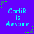 Blue background with repeated text "Carir is Awsome" in light blue pixelated font, surrounded by green and gray star-shaped pixels.