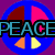 Pixelated icon with blue circular background, four colored triangular segments (red, pink, orange, yellow), and bold cyan text reading "PEACE" overlaid in black outline.