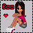 Pixel art of a seated female character with brown hair, pink top, and white sneakers, with 'Boo' text and a heart symbol on a gray background.