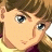 A 48x48 pixel buddy icon featuring a split composition with an anime-style character on the left and text elements on the right against a black background.