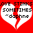 Red background with two white broken hearts, each containing text: 'LOVE STINKS', 'SOMETIMES', and 'daphne' in black pixelated font.