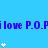 Blue background with repeated purple text 'i love P.O.P' and white star-like symbols in vertical