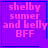 Four identical purple square with blue borders display pink text reading "shelby sumer and kelly BFF"; two include small symbols in the bottom-right corner