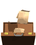 Animated sequence of a brown briefcase with yellow clasps releasing multiple beige papers that float upward and disperse.