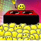 Animated icon shows a yellow smiley face atop red and black DJ turntables, surrounded by dense of smaller yellow smileys against shifting pink-purple and orange backgrounds