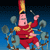 Pixelated character in red and gold attire with a tall hat, surrounded by blue and gray shapes against a blue gradient background.