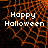 Animated Halloween-themed icon with orange spiderweb background and white text reading 'Happy Halloween' in two lines.