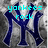 Pixelated image with large dark blue 'NY' symbol over gray pixelated background, overlaid cyan text reading 'yankees rock'.