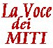 Red text "La Voce dei MITI" on white background next to a person with light brown hair and dark clothing.