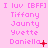 Pink background with repeated text 'I luv [BFF]' and names Tiffany, Jaunty, Yvette, Daniella in pink font; some names have red symbols or dots.