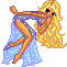 Pixelated cartoon woman with long blonde hair in a blue polka-dot dress, bent forward with arms extended and legs kicked back.