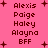 Pixelated text list on pink background with plus symbols, showing names and 'BFF' in two