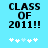 Pixelated text 'CLASS OF 2011!!' on light blue background with five white snowflake icons below, two versions showing animation frames.