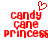 Red pixelated text 'candy cane princess' with a heart symbol above the text on a white background.