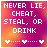Six of pixelated text on gradient backgrounds with heart-and-dot motifs, each displaying distinct phrases about lying, cheating, stealing, and drinking