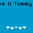 Blue background with black text 'e U Tommy' at top, two of white and light blue pixelated plus signs below