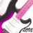 Animated sequence of a white electric guitar with pink fretboard and black accents against purple gradient background, showing small color changes in lower-right corner.