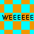 A pixelated animation with orange and cyan checkered backgrounds, displaying repeated 'WEEEEE' text in black block letters across two