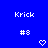 Blue background with white pixelated text 'Krick' and '#8', two heart symbols, one solid and one outlined.