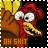 Pixelated cartoon chicken head with red comb and wattle, yellow beak, large white eyes with black pupils, brown body, orange text "OH SHIT" on bottom left in two separate boxes, displayed as a 2-frame contact sheet with slight animation differences between frames.