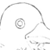 Pixelated grayscale icon of a stylized character head with curved lines and circular details on white background.