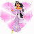 Pixelated character in lavender dress with pink heart-shaped background, arms raised, black hair with yellow accents, yellow shoes, blue belt detail.