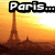 Pixelated image of a sign reading 'Paris...' above a tower against a sunset sky.