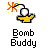 Pixel art animation of a bomb character in a yellow hand, showing sequential explosion stages from unlit fuse to full blast with debris.